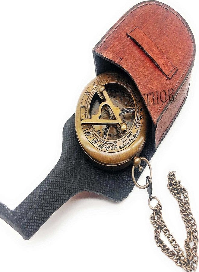THOR INSTRUMENTS Brass Sundial Compass with Leather Case and Chain | Push Open Compass | Vintage Steampunk Accessory Pocket Compass | Beautiful Handmade Gift Sundial Clock | Antiquated Finish Pocket Compass - Image 3